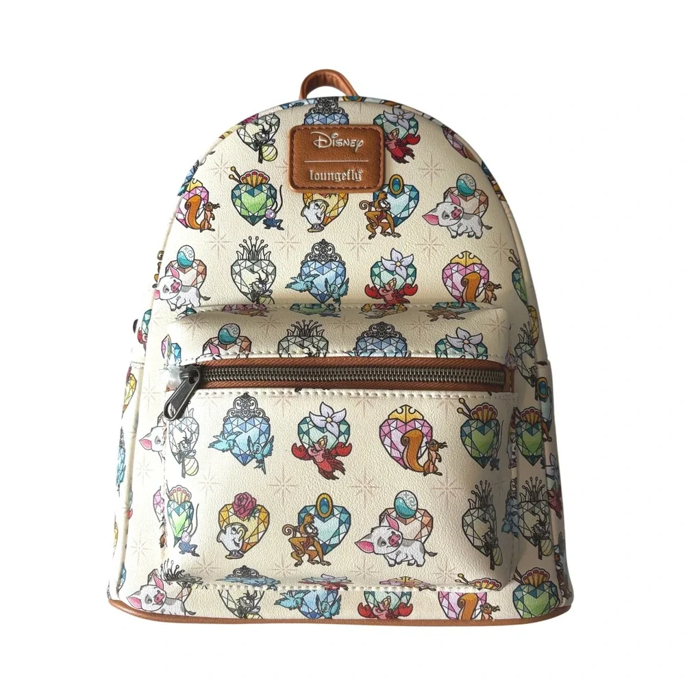 Disney Loungefly Princess Gems Sidekicks AOP Mini Backpack Cream Brown New